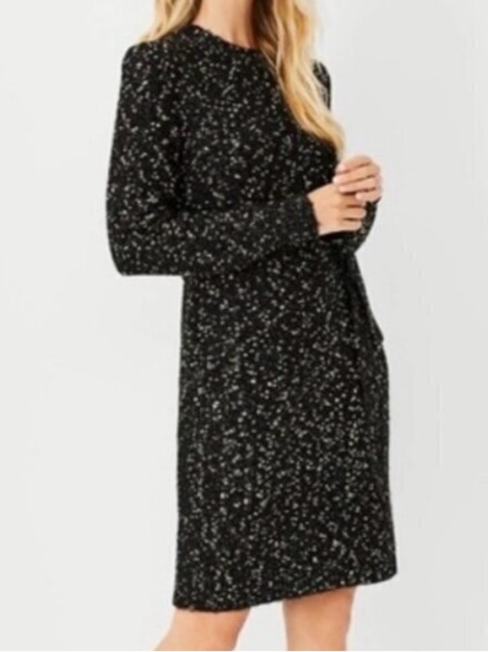 Ann Taylor L Sweater Dress Black and Gold Speckled Knit Puff Sleeve Belted
